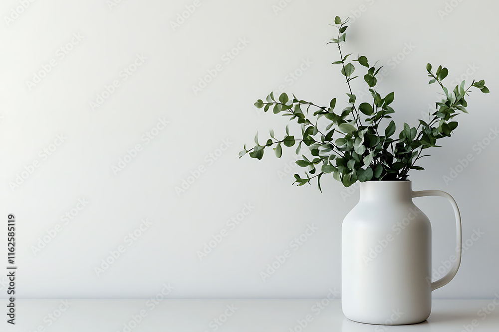 Fototapeta premium Minimalist Eucalyptus Sprigs in Ceramic Pitcher Against White Wall