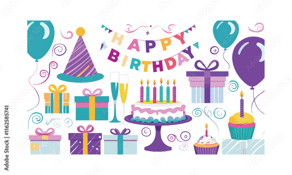 Modern vector style illustration featuring Happy Birthday elements, easily editable. Modern vector style illustration featuring Happy Birthday elements, easily editable.
