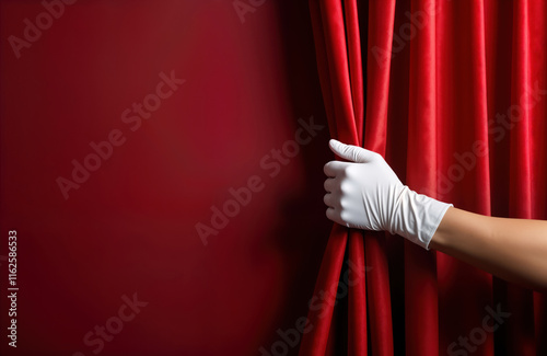 White gloved hand pulls red velvet curtain aside. Grand opening reveal concept. Luxurious fabric, dramatic setting. Elegant introduction presentation. Ceremonial theatrical event. Partial view.