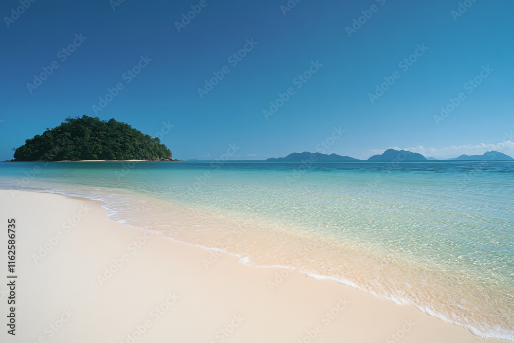Pristine beach with clear blue water and distant island under bright sky. serene tropical paradise perfect for relaxation and escape Pristine beach with clear blue water and distant island under bright sky. serene tropical paradise perfect for relaxation and escape