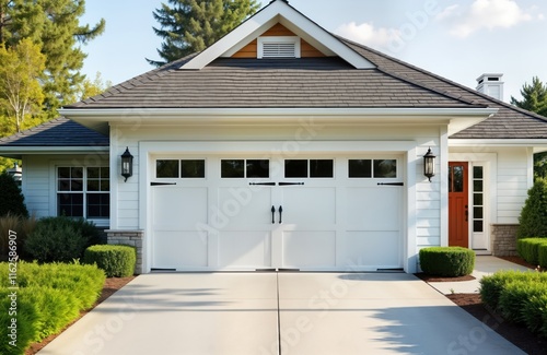 White modern garage with driveway in front of beautiful residential house. Exterior design of luxury home showcased in upscale property photo. Large driveway, manicured landscaping enhance home