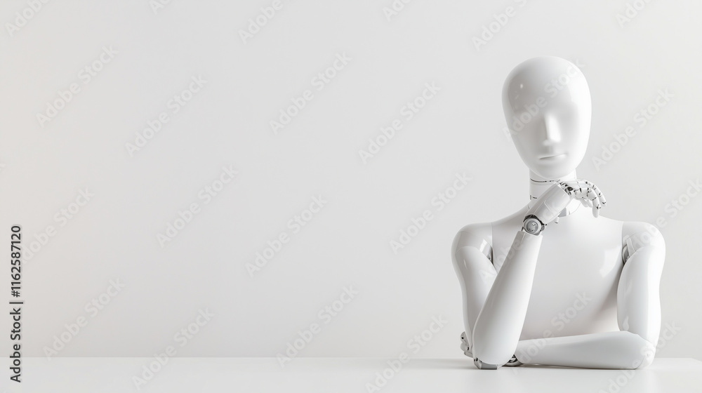A humanoid robot with a white metallic finish, appearing pensive, against a clean, white background, symbolizing the integration of AI and robotics. A humanoid robot with a white metallic finish, appearing pensive, against a clean, white background, symbolizing the integration of AI and robotics.