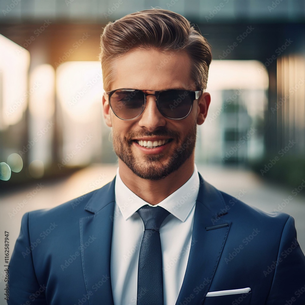 handsome caucasian businessman in suit with sunglasses smiling at camera portrait handsome caucasian businessman in suit with sunglasses smiling at camera portrait