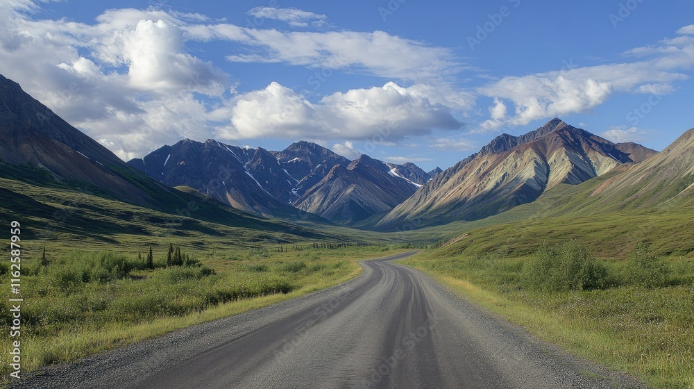 Quiet asphalt road snakes through a tranquil valley, framed by rugged mountain peaks Quiet asphalt road snakes through a tranquil valley, framed by rugged mountain peaks
