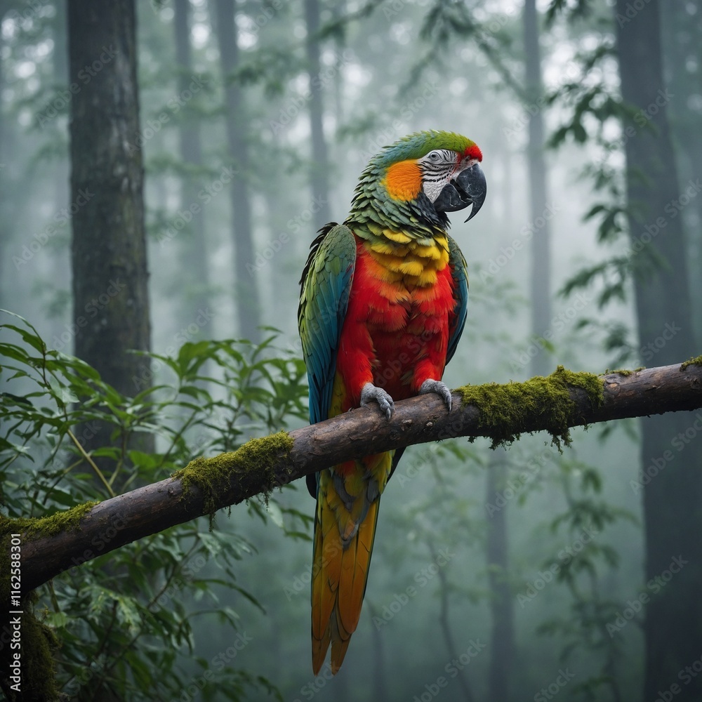 Obraz premium A colorful parrot perched on a branch surrounded by a misty forest with a blurred background.