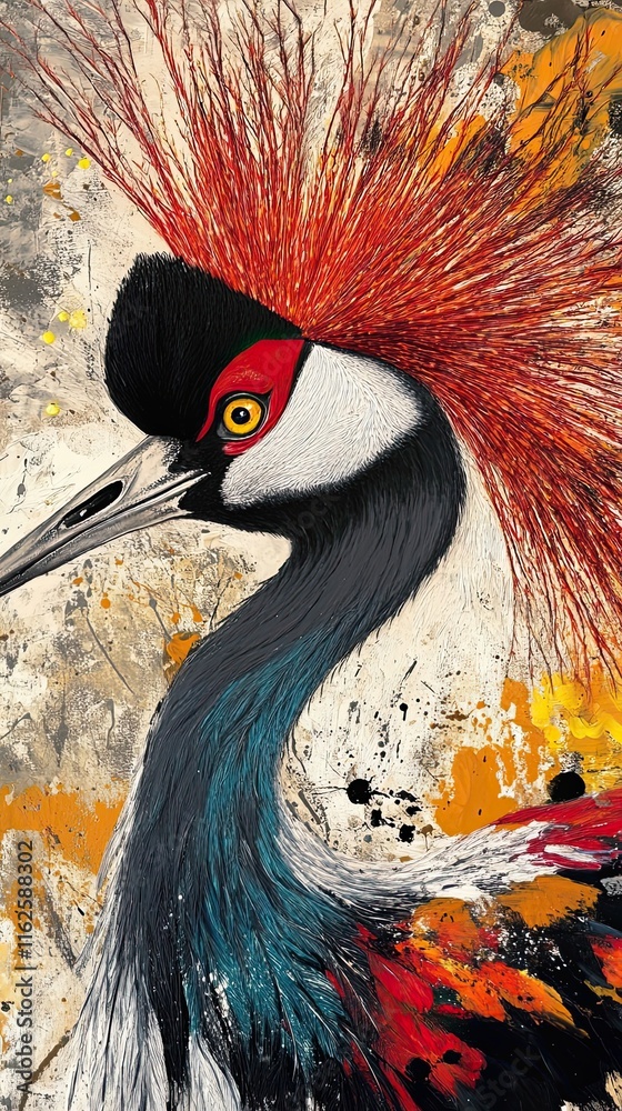 Fototapeta premium Vivid Abstract Painting of a Grey Crowned Crane