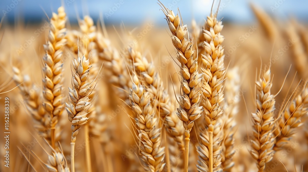 Golden wheat stalks swaying gently in the breeze under a blue sky. Golden wheat stalks swaying gently in the breeze under a blue sky.