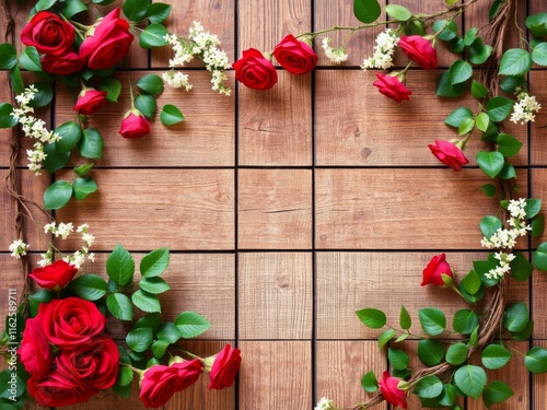 Wooden background with vines and red roses forming a frame, empty space in the middle, natural, beautiful, decoration photo