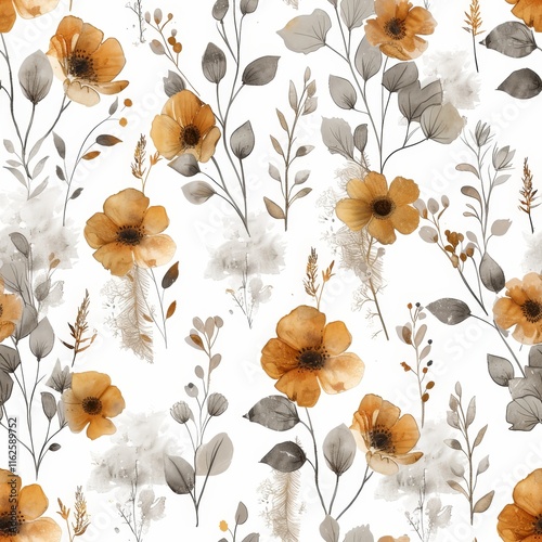 Charming seamless floral design featuring adorable wildflowers and lush leaves on white