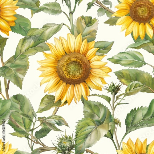 Vintage seamless pattern featuring close up sunflowers and their lush green leaves