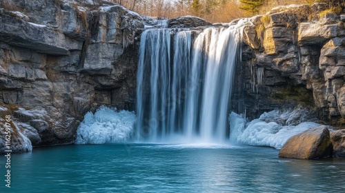 A serene waterfall cascades over rocky cliffs into a crystal-clear pool, surrounded by tranquil nature and a hint of ice. photo