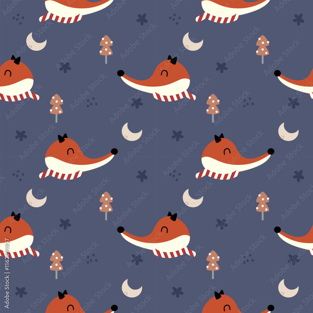 Obraz premium Face Fox and scarf cartoon so cute. On tree moon star background. Pattern seamless vector illustration. 