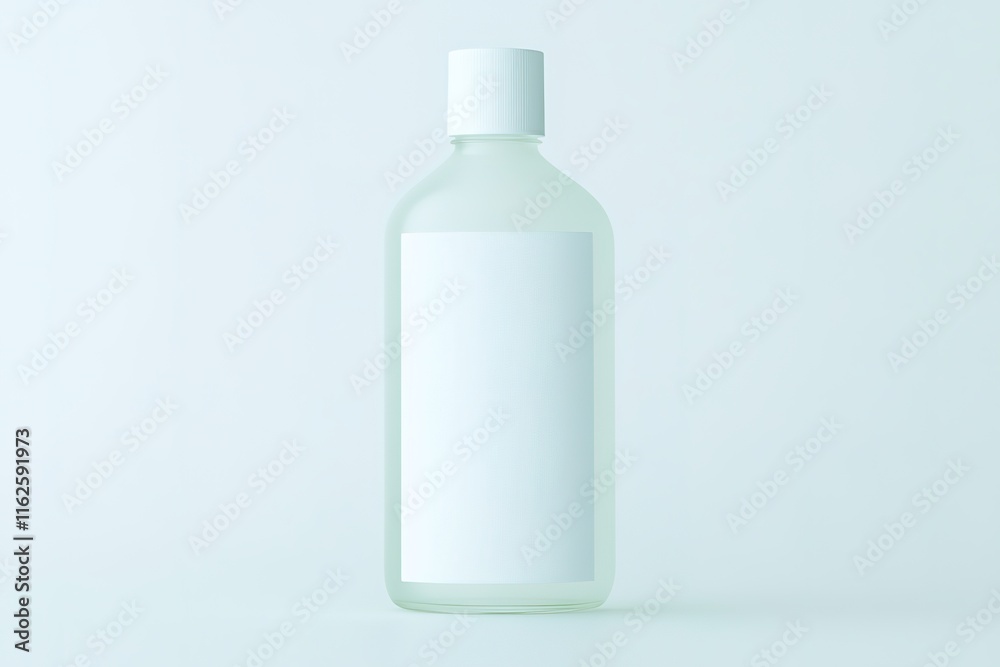 top-down view of minimalist hand sanitizer bottle with blank white label glowing against pristine white surface