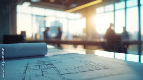 Blueprints and a Blurred Cityscape