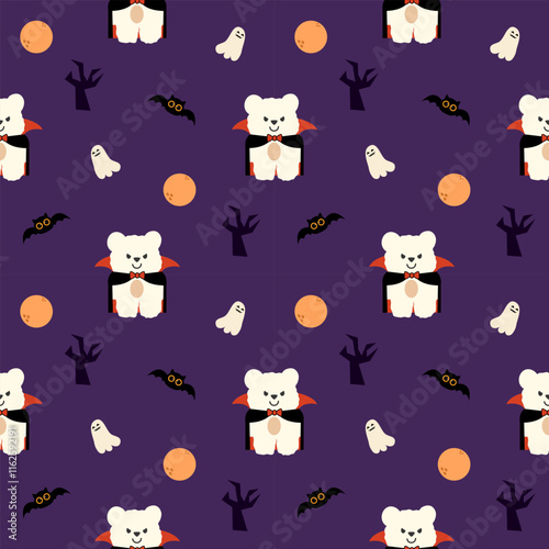 Dracula polar bear cartoon so cute. On tree bat moon ghost purple background. Pattern seamless vector illustration. 
