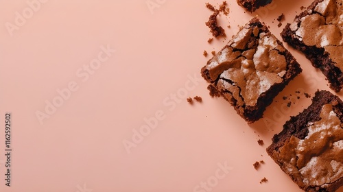 chocolate brownies on right side of pastel colored light cream background with empty space for text photo