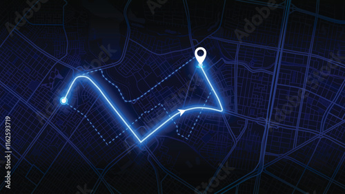 blue neon GPS road map of Bogota with the arrow that moves to the point of destination