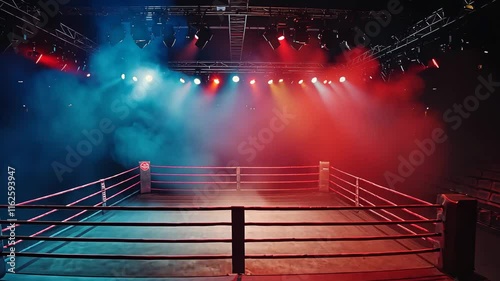 Dramatic Boxing Ring Surrounded by Atmospheric Lighting and Colorful Smoke Effects