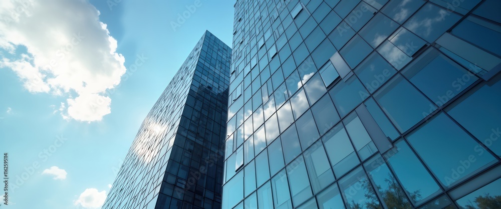 Modern glass office building against clear sky with white clouds. Facades reflect sky, clouds. Urban architecture. Commercial building design. Skyscraper exterior. High-rise structure. Business Modern glass office building against clear sky with white clouds. Facades reflect sky, clouds. Urban architecture. Commercial building design. Skyscraper exterior. High-rise structure. Business
