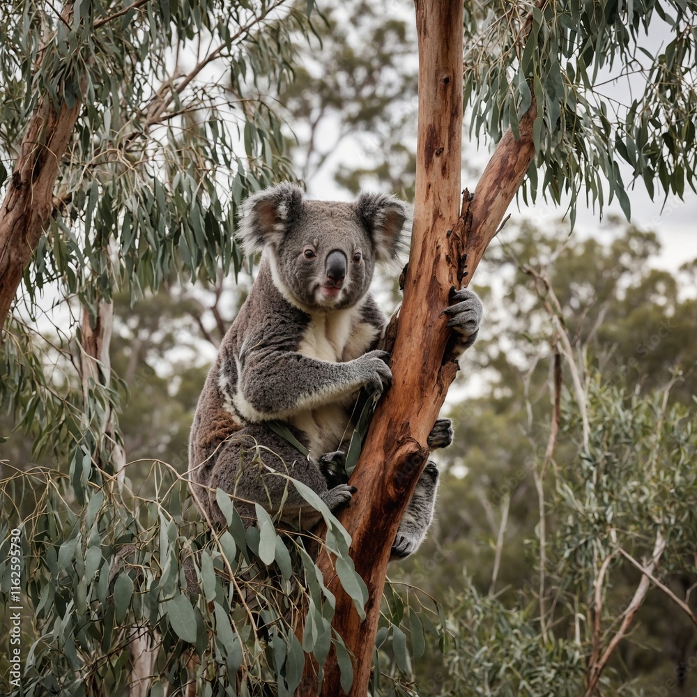 Fototapeta premium A koala perched on a eucalyptus tree, with a serene Australian outback in the background.