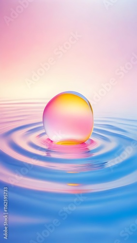 Colorful sphere reflecting light on a water surface with soft ripples in a serene background. Generative AI