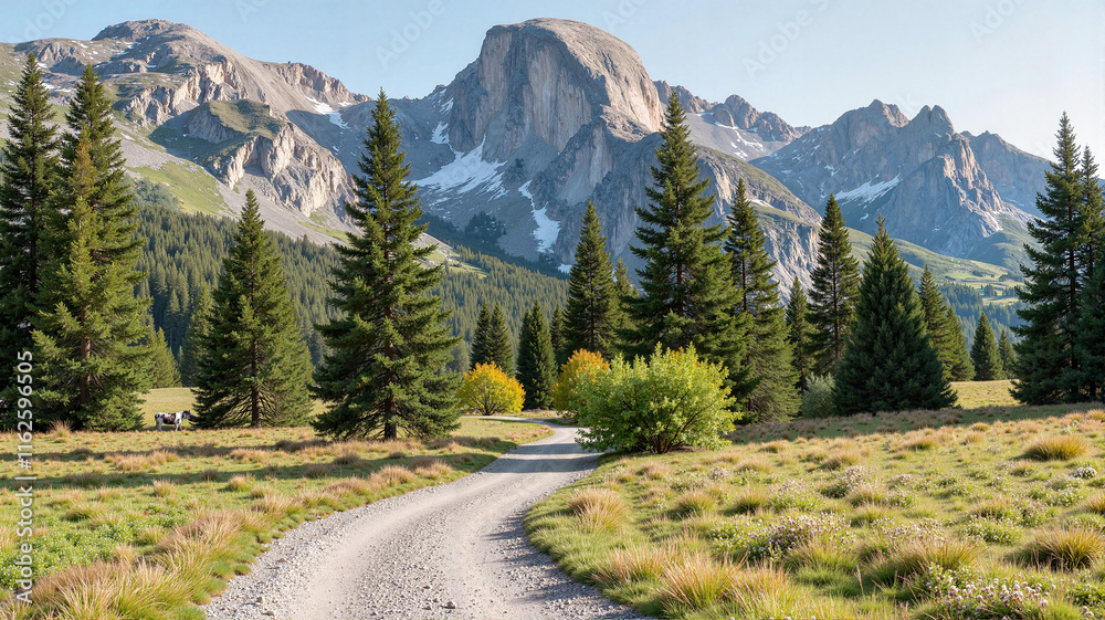 Naklejka premium Winding road through alpine valley with mountain backdrop