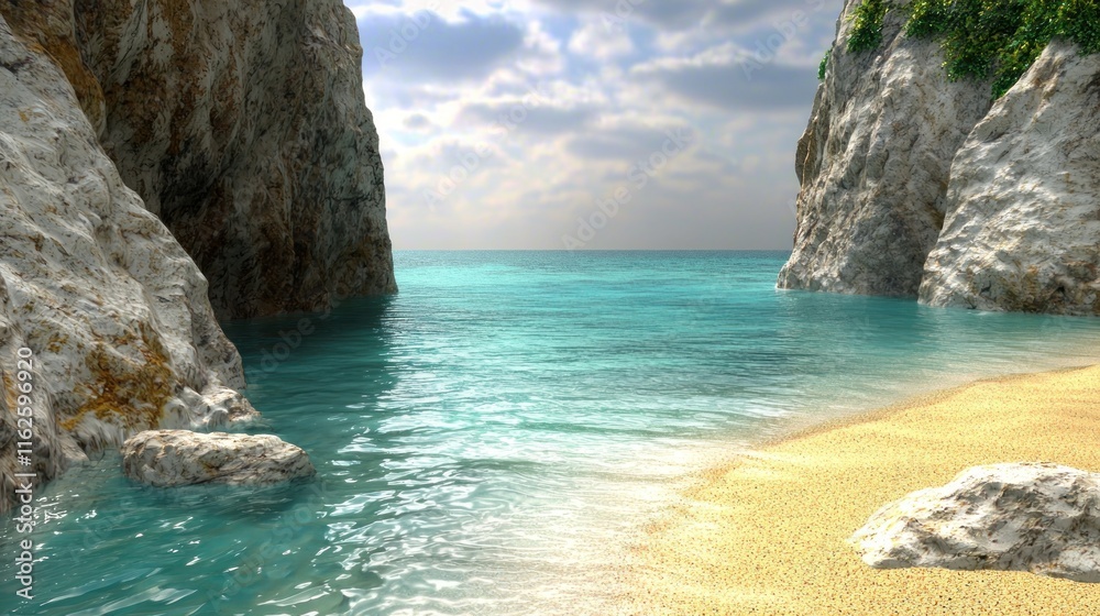 Fototapeta premium Serene beach scene with rocky cliffs and calm turquoise water.