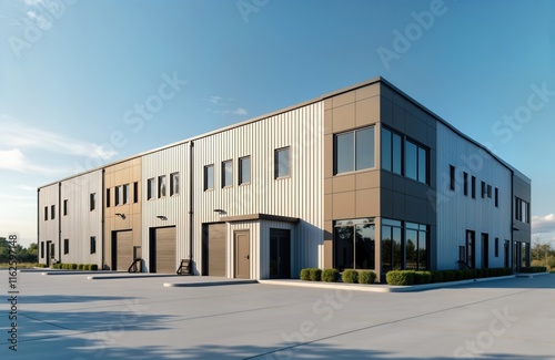 Modern warehouse complex with small office unit. Exterior shows industrial design. Building metal cladding, large loading docks. Empty paved parking lot. Commercial property. Ideal for distribution