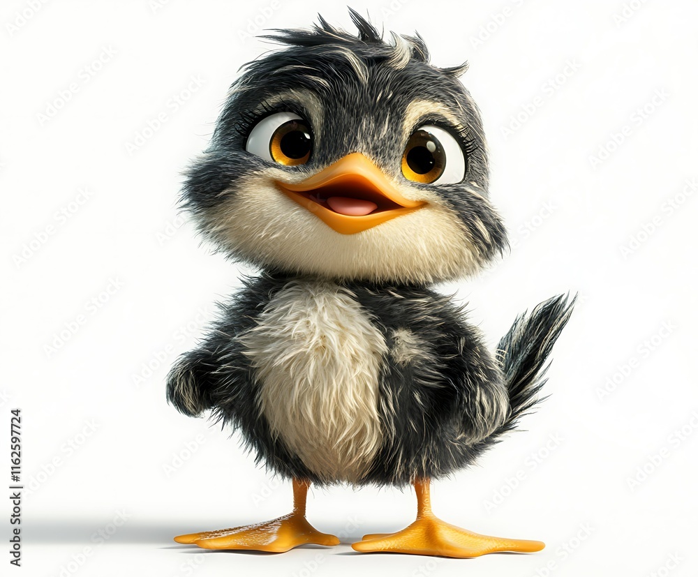 Fototapeta premium Adorable cartoon duckling, fluffy, grey, white, happy, looking up.
