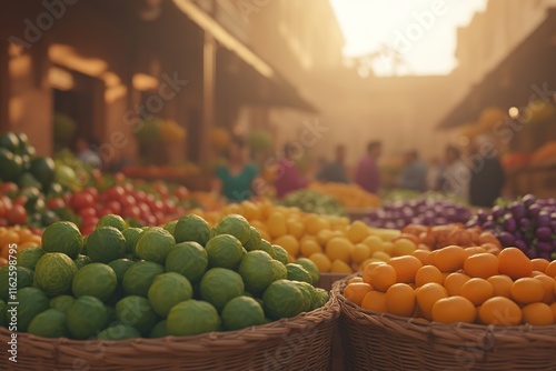 vibrant scene of colorful produce displayed in baskets under soft sunlight bright greens oranges and purples forming
