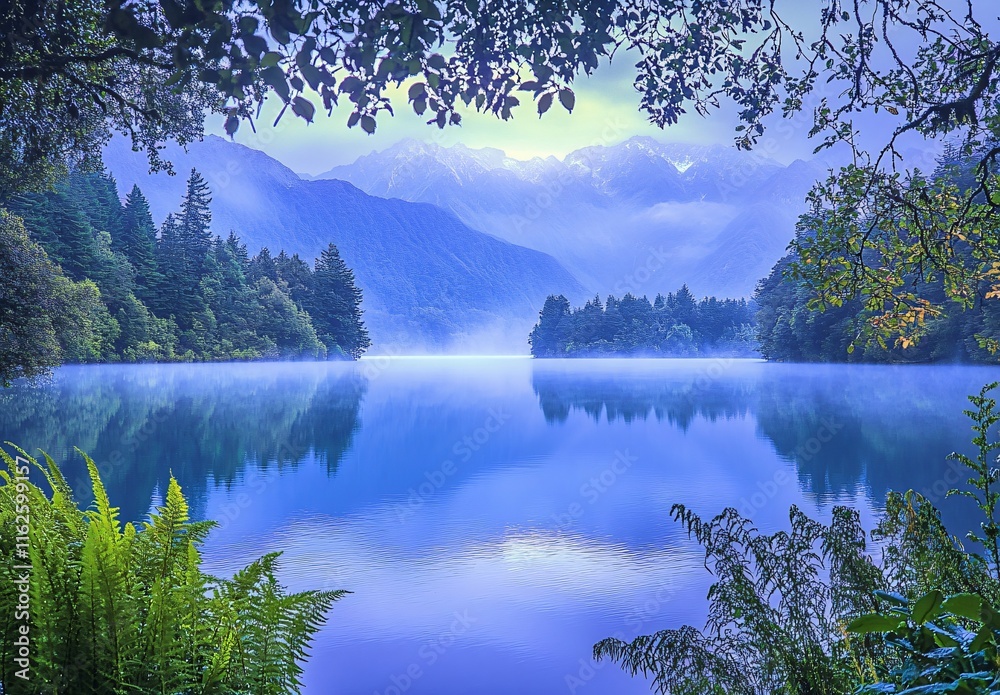 Fototapeta premium Misty Mountain Lake Serenity: Breathtaking Sunrise Landscape