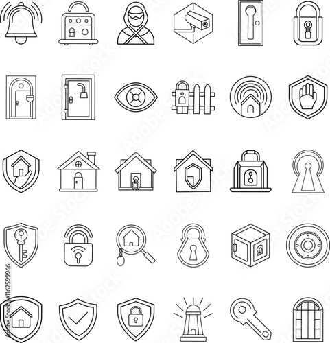 Home Security System Icons Safety, Protection, Surveillance, and Privacy