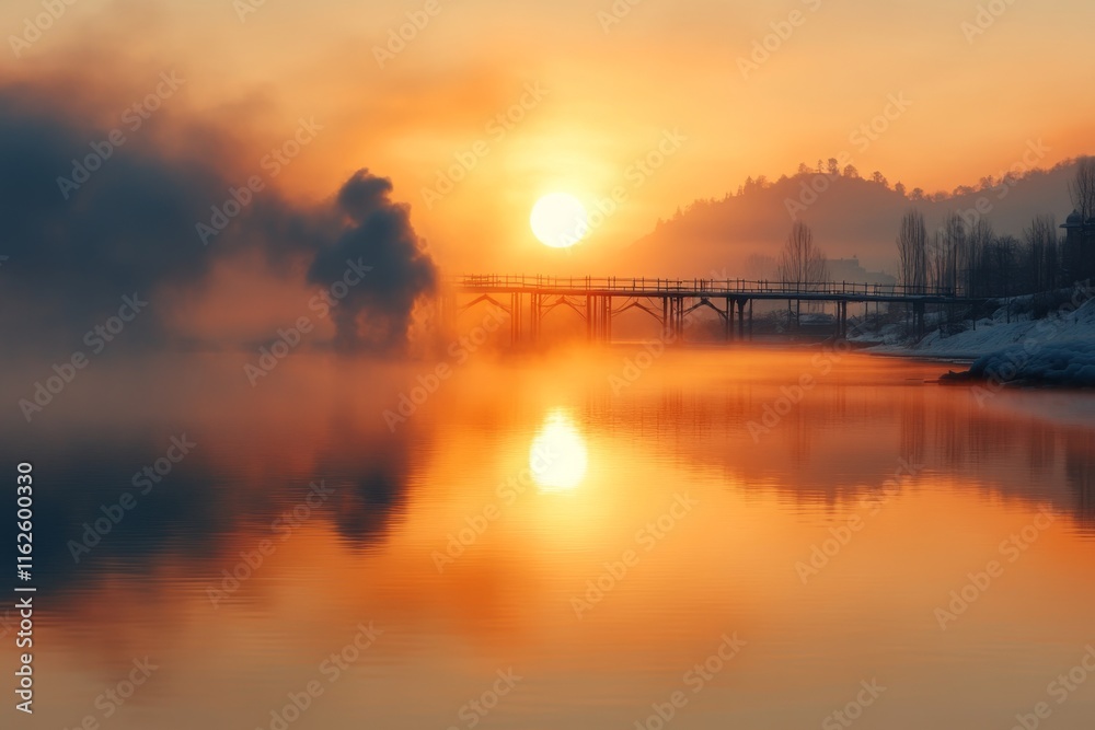 Fototapeta premium A vibrant depiction of the Taj Mahal at sunrise, with its reflection shimmering in the Yamuna River