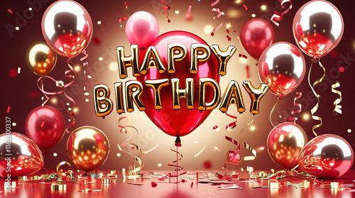 Festive Birthday Celebration Shiny Red Balloon with Golden 'HAPPY BIRTHDAY' Text and Vibrant Party Decorations