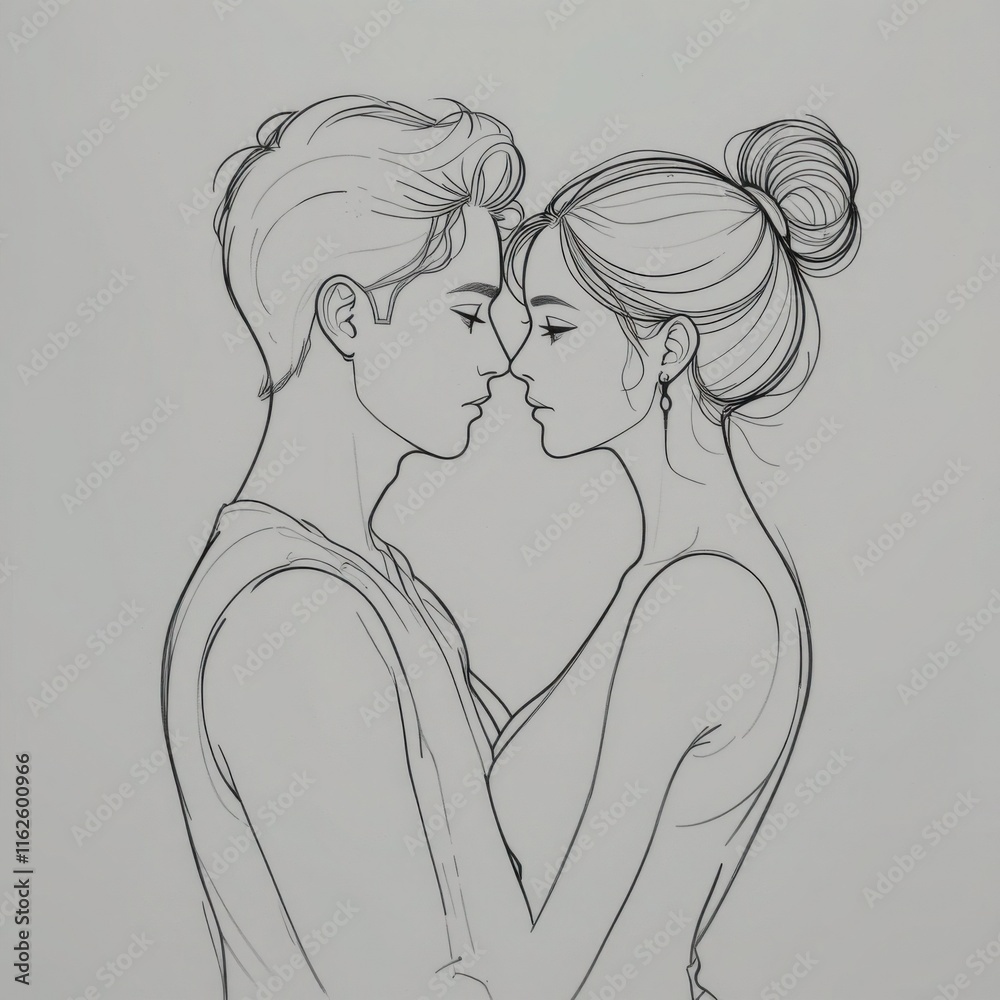 Romantic couple embracing, tender moment in line art. Romantic couple embracing, tender moment in line art.