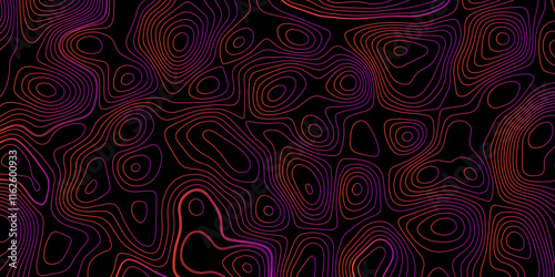 Abstract light pattern Vector illustration. Topographic map background concept, Vibrant neon lights pulsating patterns Colorful topography contour lines isolated on black background.	