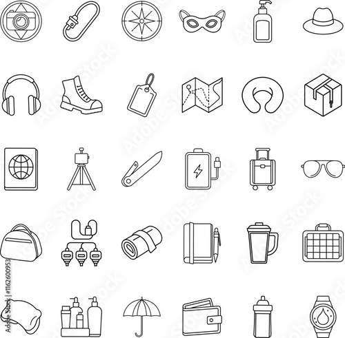 Travel Essentials Icons of Adventure, Exploration, and Journey