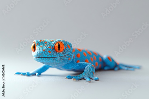 Blue gecko displaying vibrant orange spots walking smoothly across white surface, revealing exotic coloration and distinctive markings