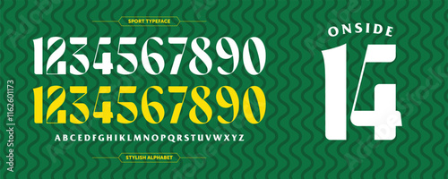 Onside 14: Bold stylish number. Sport jersey design concept with green color combination. Custom sport uniform, ultra condensed typography. Vector illustration