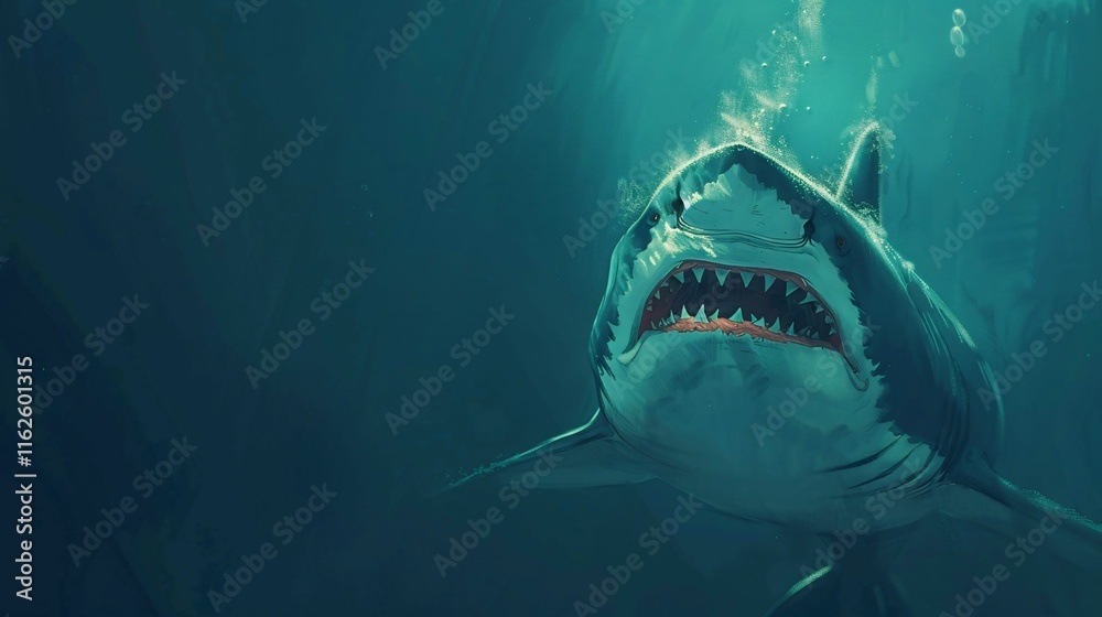 Fototapeta premium Majestic Great White Shark Swimming in Deep Sea with Dramatic Light and Shadows, Capturing the Fearsome Beauty of Underwater Predators in their Natural Habitat