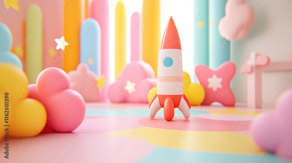 A colorful, playful scene featuring a cartoon rocket surrounded by pastel clouds and whimsical shapes, evoking a sense of fun and adventure.