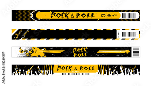 Rock music festival wristband or bracelet design with barcode for concert entry pass. 
