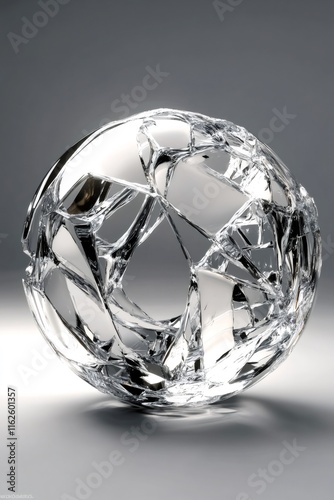 Shattered glass sphere on a gray background representing concepts of fragility, destruction, brokenness and damage