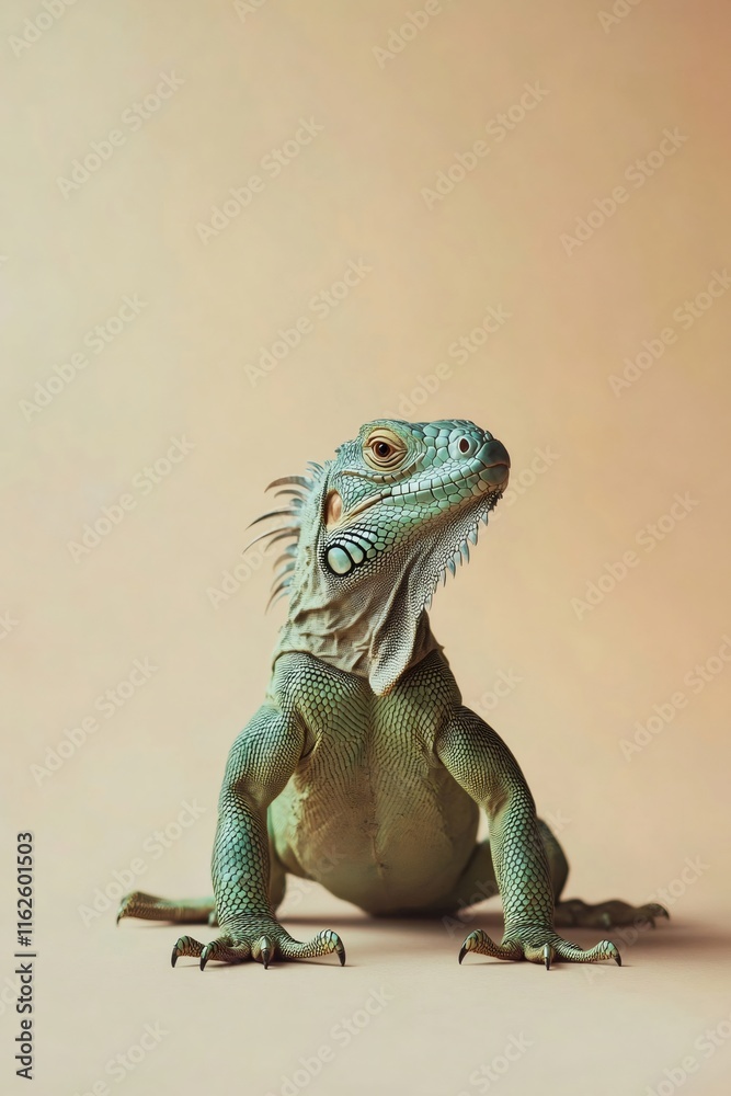 Fototapeta premium Green iguana perching elegantly on neutral backdrop, showcasing scaled texture and vibrant coloration with dramatic studio lighting