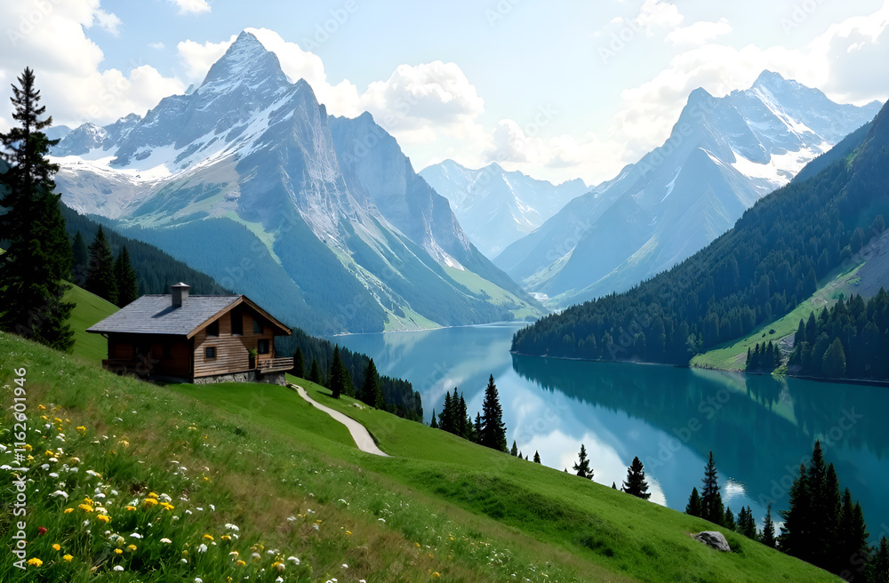 A charming house rests on a picturesque hill, providing a stunning view of a serene lake that is beautifully encircled by majestic mountains
