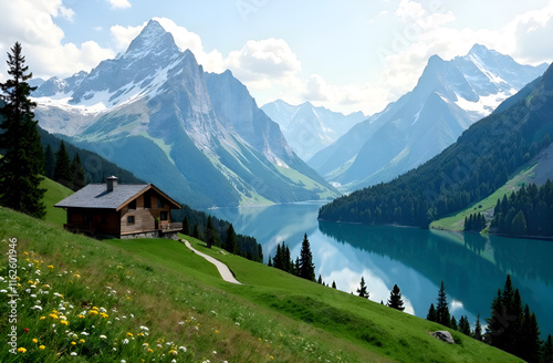 Obraz na płótnie A charming house rests on a picturesque hill, providing a stunning view of a serene lake that is beautifully encircled by majestic mountains w salonie