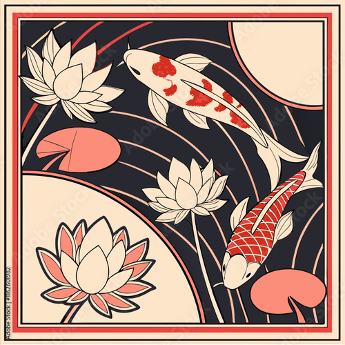 Traditional Japanese floral pattern with water lily, koi fish, and lotus in soft pink, cream, bold red, and black accents.