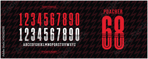 Poacher 68: Striking red numbers with a crisp white outline. Features bold, eye-catching design paired with pure white A-Z characters on a sleek black red background. Perfect for standout jersey