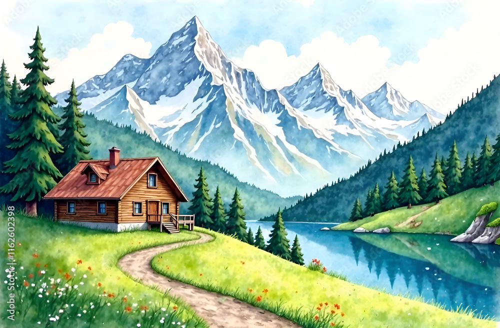 A charming house rests on a picturesque hill, providing a stunning view of a serene lake that is beautifully encircled by majestic mountains