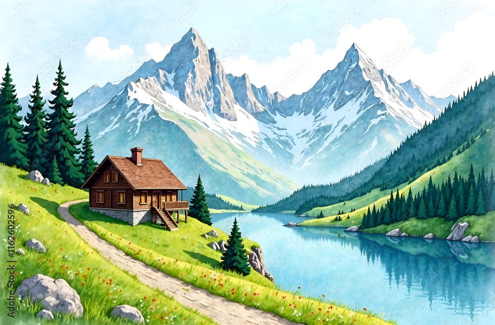 A charming house rests on a picturesque hill, providing a stunning view of a serene lake that is beautifully encircled by majestic mountains